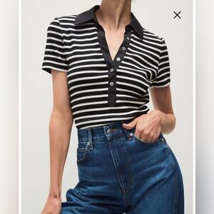 Veronica Beard Kearney Stripe Stretch Cotton Polo Black White Sz XS